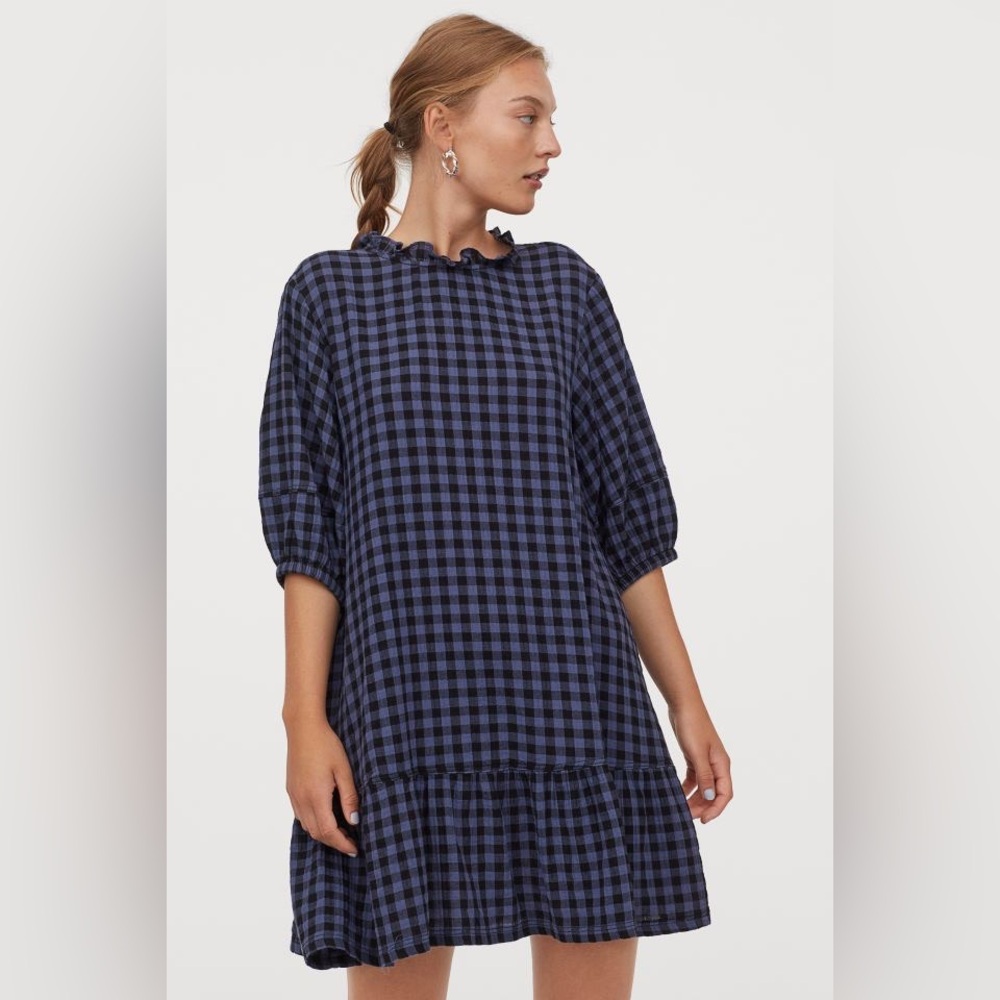 H&M Blue & Black Checked Plaid Cotton Dress Size M